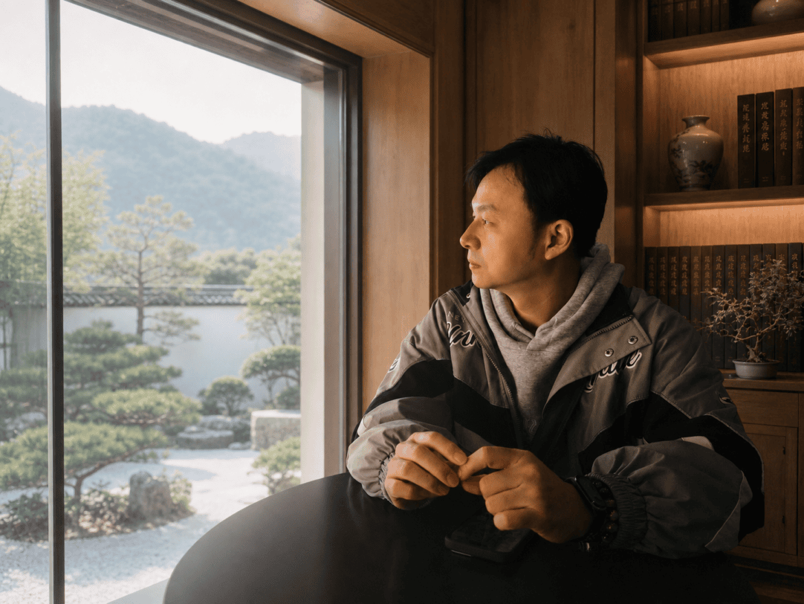 絃浩於東方書房窗邊凝望庭園與遠山的個人照片