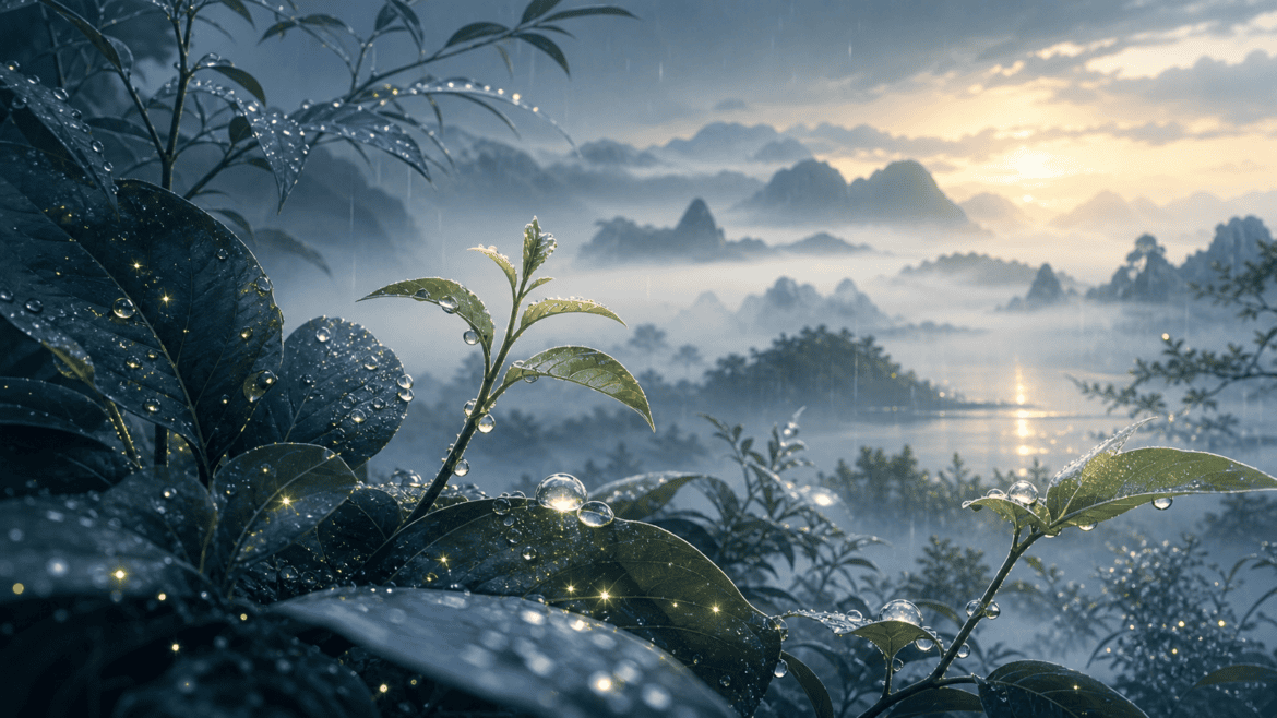 四柱八字癸水雨露滋養嫩芽與星霧意境圖