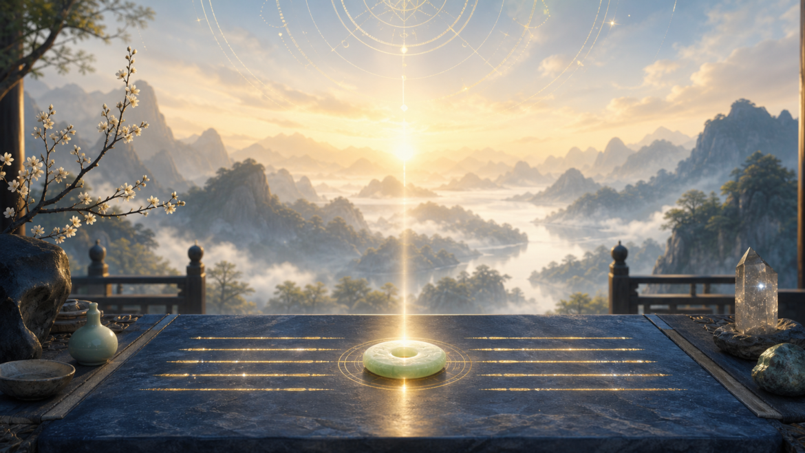 六爻用神：晨光聚焦核心玉環的明亮意境圖