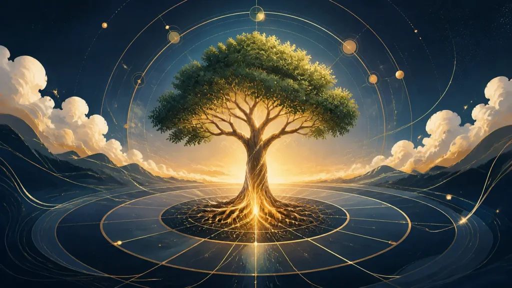 紫微斗數生年化權進入十二宮的金色生命樹與星盤意境圖