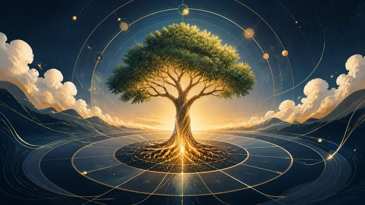 紫微斗數生年化權進入十二宮的金色生命樹與星盤意境圖