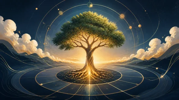 紫微斗數生年化權進入十二宮的金色生命樹與星盤意境圖