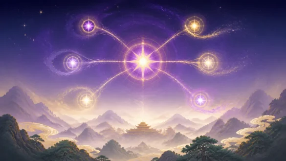 紫微星坐命與六種紫微組合的東方星空意境圖