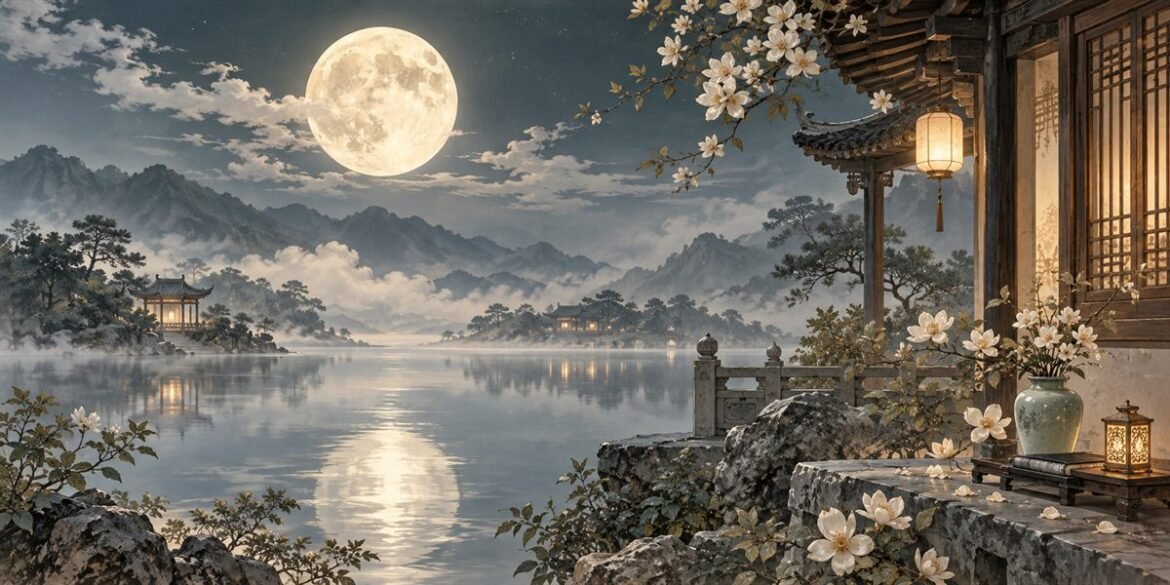 月色下的中式庭院與湖面，象徵太陰星的細膩、累積與內在情感