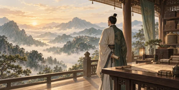 天府星意境圖：晨光山水間，一位掌理資源的人物眺望遠方