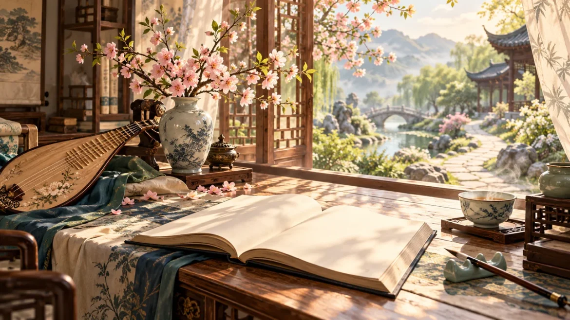 陽光灑入東方書房，書卷、樂器與庭院象徵貪狼星的好奇心、學習與理想